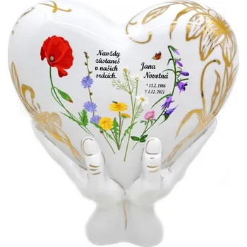 Smuteční dekorace PORCELÁNOVÁ MANUFAKTURA s.r.o. Urna Srdce v dlaních rozkvetlá louka s textem a ruční malbou