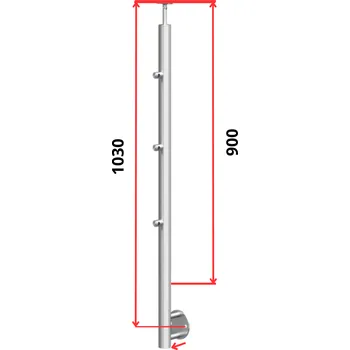 Zábradlí Hahn Steel Konfigurátor - nerezový sloupek O42,4mm - 3 x výplň O12mm - vnější, AISI 304 - brus, boční kotvení Typ držáku madla: Model 0718.242 - kulaté madlo ⌀42,4mm, Výška sloupku - nad podlahou: 900mm, Parametry sloupku pod úrovní podlahy: 60*130mm