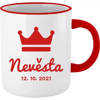 Hrnek pro nevěstu - Nevěsta s datem - červený lem a ucho 330 ml