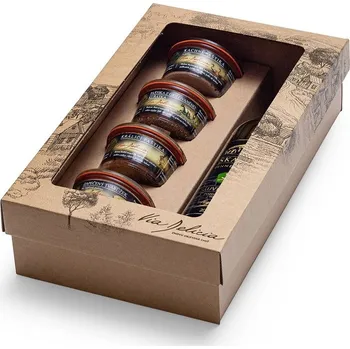 Dárkový potravinový koš Via Delicia Dárková kazeta 4 sedlácké paštiky a bílé víno