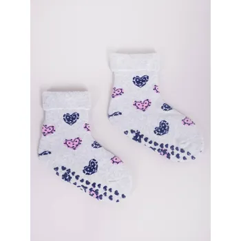 ABS ponožky capáčky YO SKF-0005G protiskluzové šedé s růžovými a modrými srdíčky velikosti ponožek: 15-17 (EUR vel. 23-26)