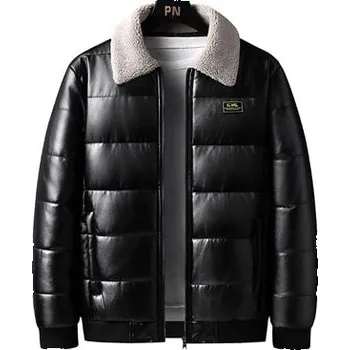 Pánský kabát Prošívaná zimní bunda PU kůže s kožešinovým límečkem Barva: Černá, Velikost: M