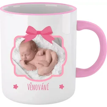 Hrnek 330 ml - barevný lem a ucho Růžová mašle s fotografií