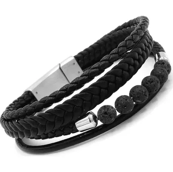 Náramek Steel Jewelry pánský černý kožený náramek s kombinací chirurgické oceli NR231027 dárkové balení zdarma