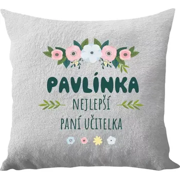 Polštář Polštář bílý 40x40 cm - dlouhý chlup Nejlepší paní učitelka - květy s lístečky