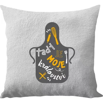 Polštář Polštář bílý 40x40 cm - dlouhý chlup Tady je moje království - zástěra