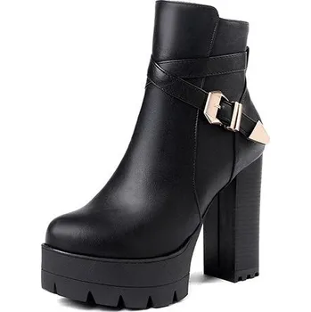 Dámské kozačky Elegantní boty kožené s páskem a podpatkem GoodDayGirl Barva: Černá, Velikost: 37