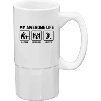 Sklenice Půllitr bílý vysoký My awesome life - eating, drinking, hockey