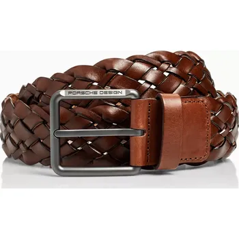 Opasek PORSCHE DESIGN Casual Braided Pin Buckle Belt Ležérní pásek pletený kožený světle hnědý šířka 4 cm (Pletený kožený opasek Porsche Design pro ležérní vzhled s exkluzivní sponou v matném titanovém vzhledu a v barvě koňaku)