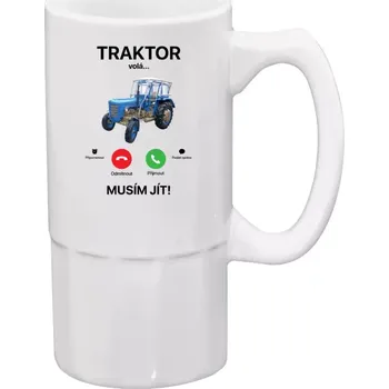 Sklenice Půllitr bílý vysoký Traktor volá... musím jít!