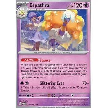Sběratelská karetní hra Pokémon PAR 081/182 Espathra - Paradox Rift Stav: Near Mint, Verze: HOLO