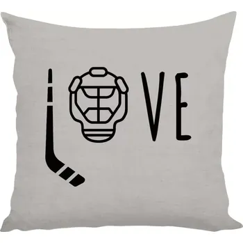 Polštář Polštář lněný 40x40 cm LOVE s hokejkou a helmou