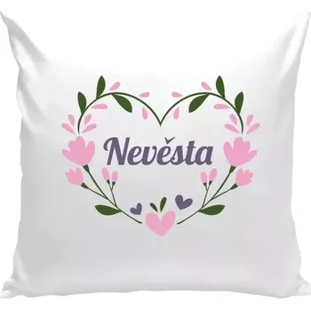 Polštář Polštář bílý 40x40 cm Nevěsta - srdce s lístečky