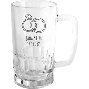 Sklenice Půllitr na svatbu nebo rozlučku - Prsteny se jmény - čirý