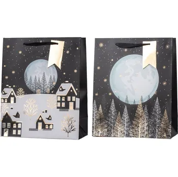 Dárková taška Taška dárková 260x320 mm zimní krajina mix , černá, bílá, zlatá 71 gram