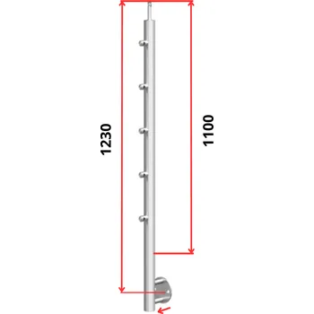 Zábradlí Hahn Steel Konfigurátor - nerezový sloupek O42,4mm - 5 x výplň O12mm - vnější, AISI 304 - brus, boční kotvení Typ držáku madla: Model 0718.242 - kulaté madlo ⌀42,4mm, Výška sloupku - nad podlahou: 1100mm, Parametry sloupku pod úrovní podlahy: 60*130mm