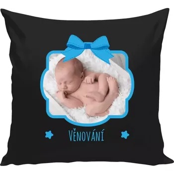 Polštář Polštář černý 40x40 cm Modrá mašle s fotografií