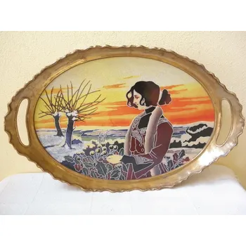 Secesní servírovací tác porcelán mosaz