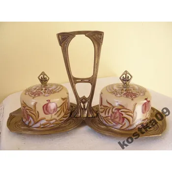 SECESE PORCELÁN DVOUMISKA V MOSAZI