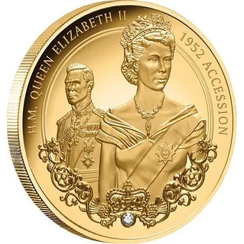 Exkluzivní zlatá mince Královna Alžběta II. - 1952 nástup na trůn 1 Oz (H.M.Queen Elizabeth II.) 2022 (v minci je vsazen DIAMANT) PROOF