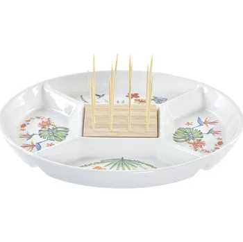 Podnos na chuťovky DKD Home Decor Tropický Bambus Kamenina Přírodní Vícebarevná (23,5 x 23,5 x 7 cm)