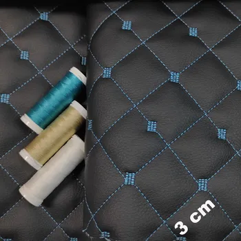 Ekokůže MIX 3x3 cm barva Černá prošívaná Tyrkysovými nitěmi, metráž, 145 cm