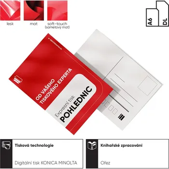 Kancelářský papír Pohlednice express 24h Jednostranné lamino - matné 100 Barevné oboustranné - 4/4 (CMYK) 350 g/m² křídový papír mat 148x105 mm (A6 naležato)