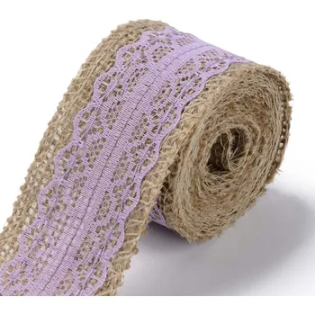 Stuha Jutová stuha s krajkou, LILA, 38mm, cca 2m
