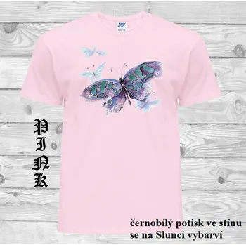 Dívčí tričko detske-bavlnene_tricko_uv_potisk_fialovy_motyl Barva: Pink - růžová, velikost: 164