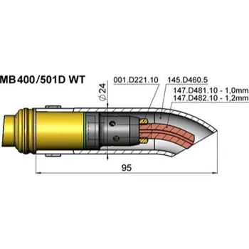 Příslušenství ke svářečce BINZEL Vyhnutá hubice a průvlaky pro hořáky MB 401/501D (450/550A) výrobce: BINZEL, průnik: průvlak 1,2 CuCrZr/M8