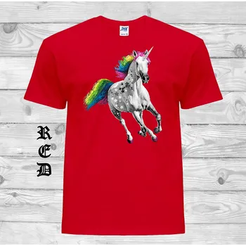 Dívčí tričko detske-levne-bavlnene-tricko-potisk-barevny-jednorozec Barva: Red - červená, velikost: 128