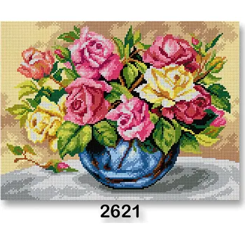 Vyšívací vzor Vyšívací předloha, obrázek na vyšívání 70243/2621, váza s květinami, růžovo-žlutá, 30x40cm
