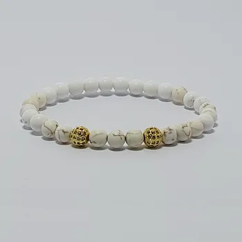 Náramek Damský náramek z minerálů 6 mm - mongolský magnezit a mosaz s zirkóny (Micro Pave) Z6D4