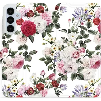 Pouzdro na mobilní telefon Flipové pouzdro Mobiwear - Samsung Galaxy A25 5G - MD01S Růže na bílé (Knížkové flip pouzdro, obal, kryt na mobil Samsung Galaxy A25 5G - MD01S Růže na bílé, materiál Umělá kůže + TPU - ochrana 360°, stojánek, silikonová vanička, magnetické zavírání)