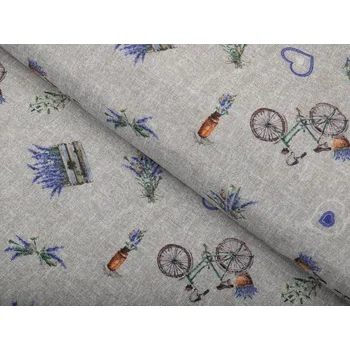 Dekorační látka PML-097 Levandule a kola na šedém režném - šířka 150 cm