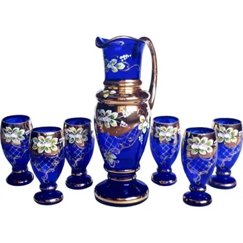 Džbán a 6 sklenic zlacený a smaltovaný modrý