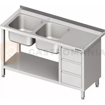 Kuchyňská linka Stůl nerezový s dřezem dvoukomorovým na levé straně s blokem se třemi zásuvkami a policí 1800x700x850 mm | STALGAST, 981107180