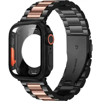 Příslušenství k chytrým hodinkám Sada ocelový řemínek + ochranný obal s tvrzeným sklem ve vzhledu Apple Watch Ultra pro Apple Watch 40mm Barva: Černá/Růžová