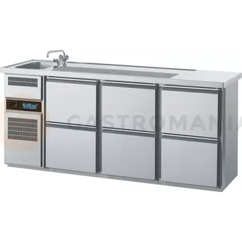 Chladící barový stůl 2100x700x980 mm, 6 zásuvek, dřez na levé straně | RILLING, AGT M731L 81-2/2/2