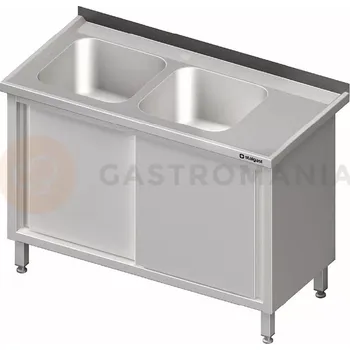 Kuchyňská linka Stůl nerezový s dřezem dvoukomorovým na levé straně se skříňkou s posuvnými dvířky 1300x700x850 mm | STALGAST, 980917130