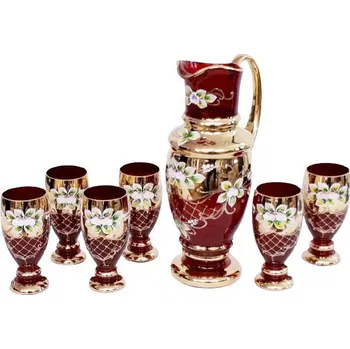 Džbán a 6 sklenic zlacený a smaltovaný červený
