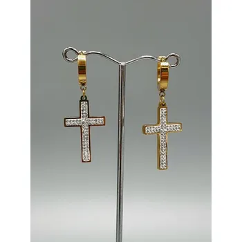 Náušnice Ocelové náušnice - Kruhy se zdobeným křížem ve zlaté barvě