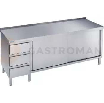 Nerezový dřez Pracovní stůl 1400x600x900 mm s 2 policemi, blokem 3 zásuvek, 2 posuvnými dveřmi a pracovní deskou se zadním lemem | RILLING, ASS 0614C S3L0