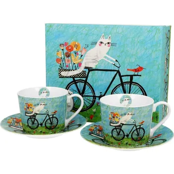 Sada dvou hrnků s podšálkem, "kočky na kole"