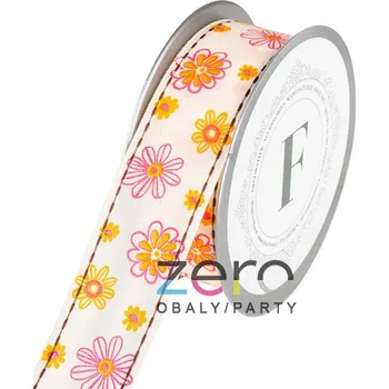 Stuha Stuha tkaná 3,5 cm x 10 m - krémová se malinovo-oranžovými květy