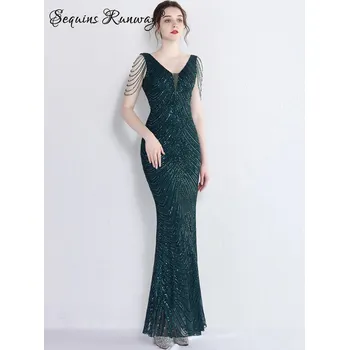 Dámské šaty Maxi večerní šaty Sequins SQ753 Barva: Zelená, Velikost: M