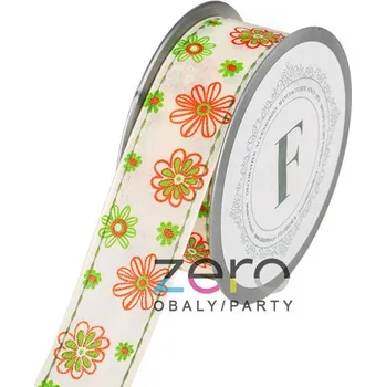 Stuha Stuha tkaná 3,5 cm x 10 m - krémová se zeleno-červenými květy