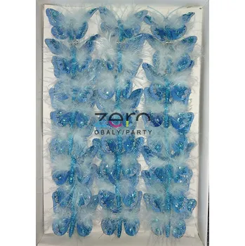 Klips s 'motýlem 5 cm' (24 ks) - modrý s peřím