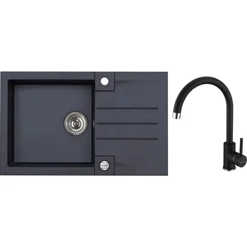 Granitový dřez Alveus Set Rock 130 Granitový dřez s odkapem 780x480 mm + baterie Roxa 91, Černá, SETA22219