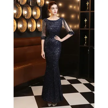 Dámské šaty Dlouhé plesové šaty Sequins SQ672 Barva: Tmavě Modrá, Velikost: L